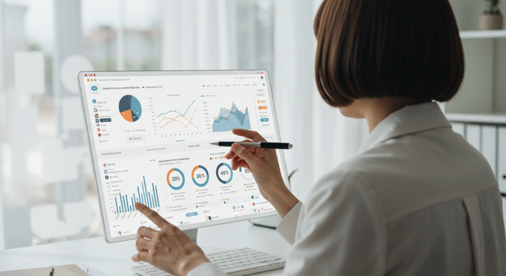 A marketer analyzing social media analytics on a digital dashboard.