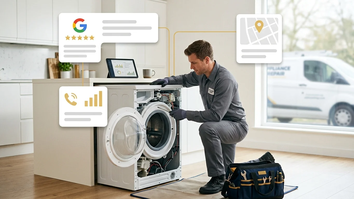 Appliance repair technician on a job with local ranking and call volume cards