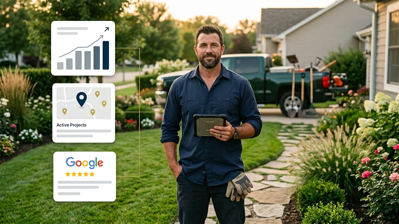 Landscaping business owner in a finished garden with floating marketing dashboard cards
