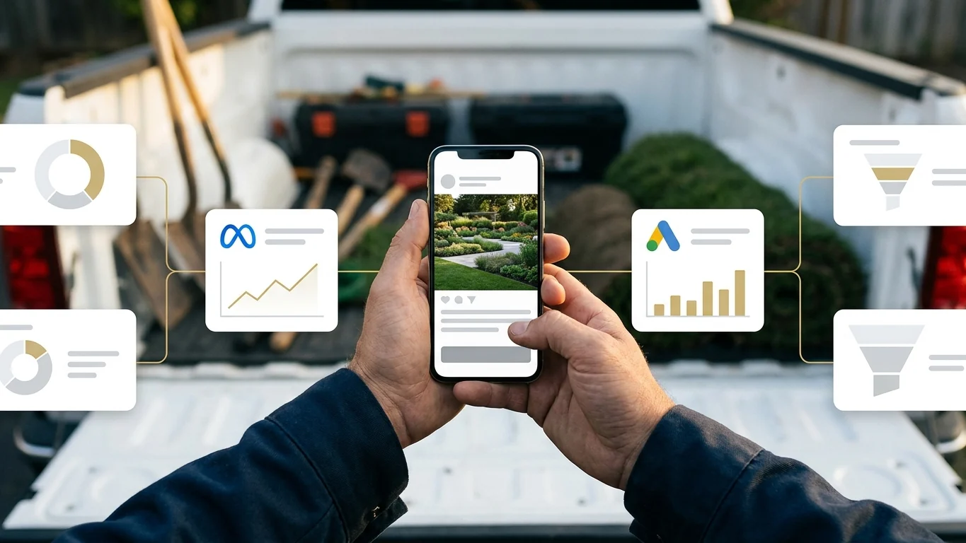 Landscaping ad being reviewed on a phone with Meta and Google Ads performance cards