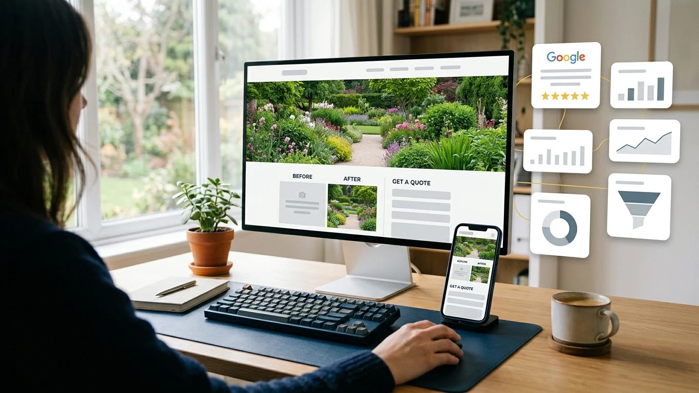 Landscaping website and quote form being designed on a desktop and phone
