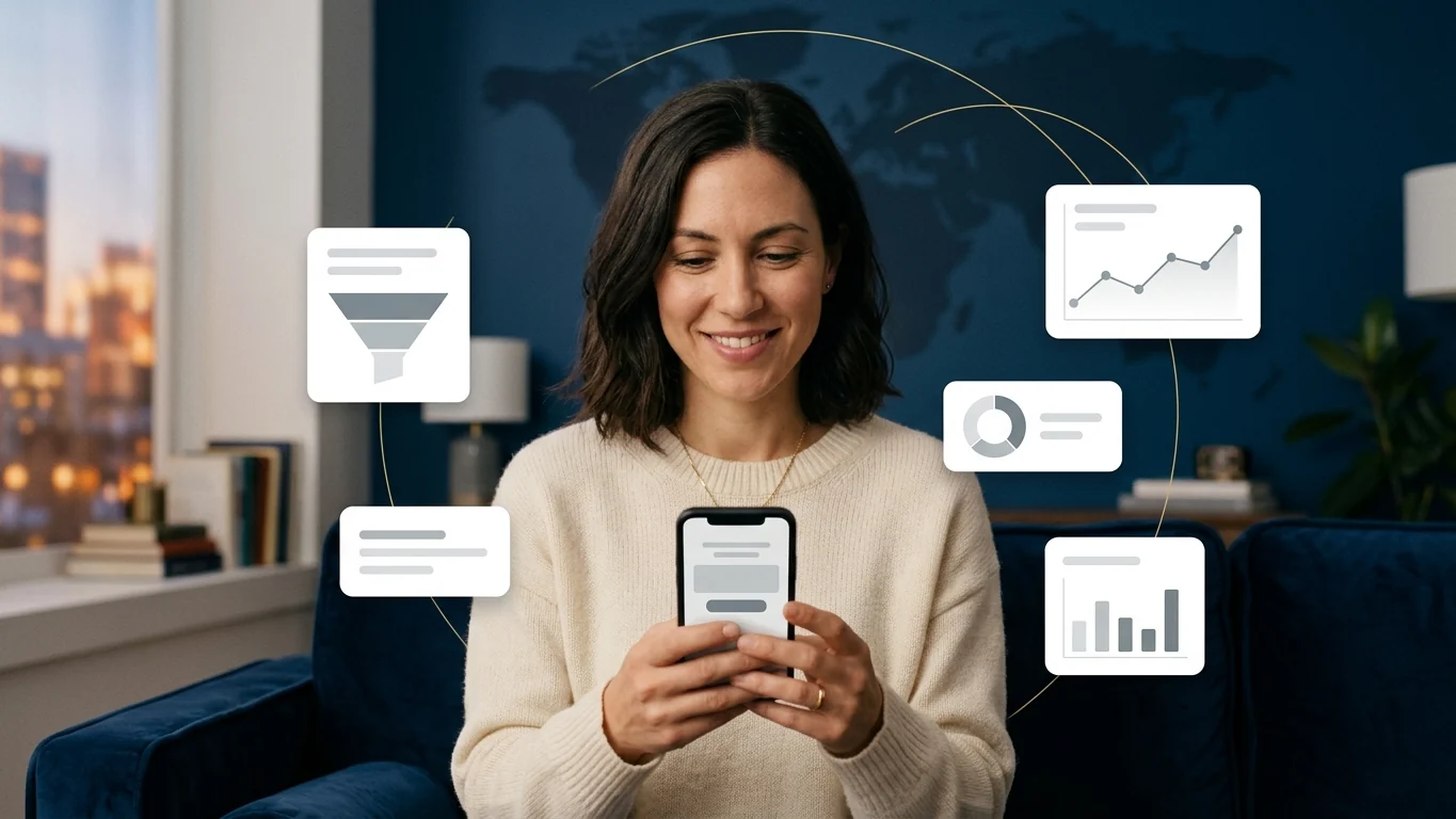 Person sending money on a phone with corridor arcs and funnel cards in the background