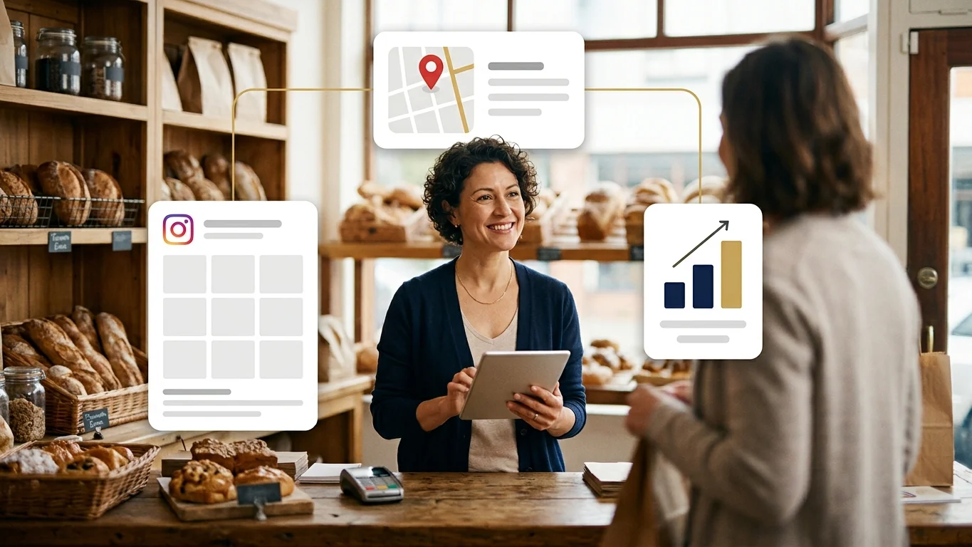 Small business owner at the counter with social and local marketing cards