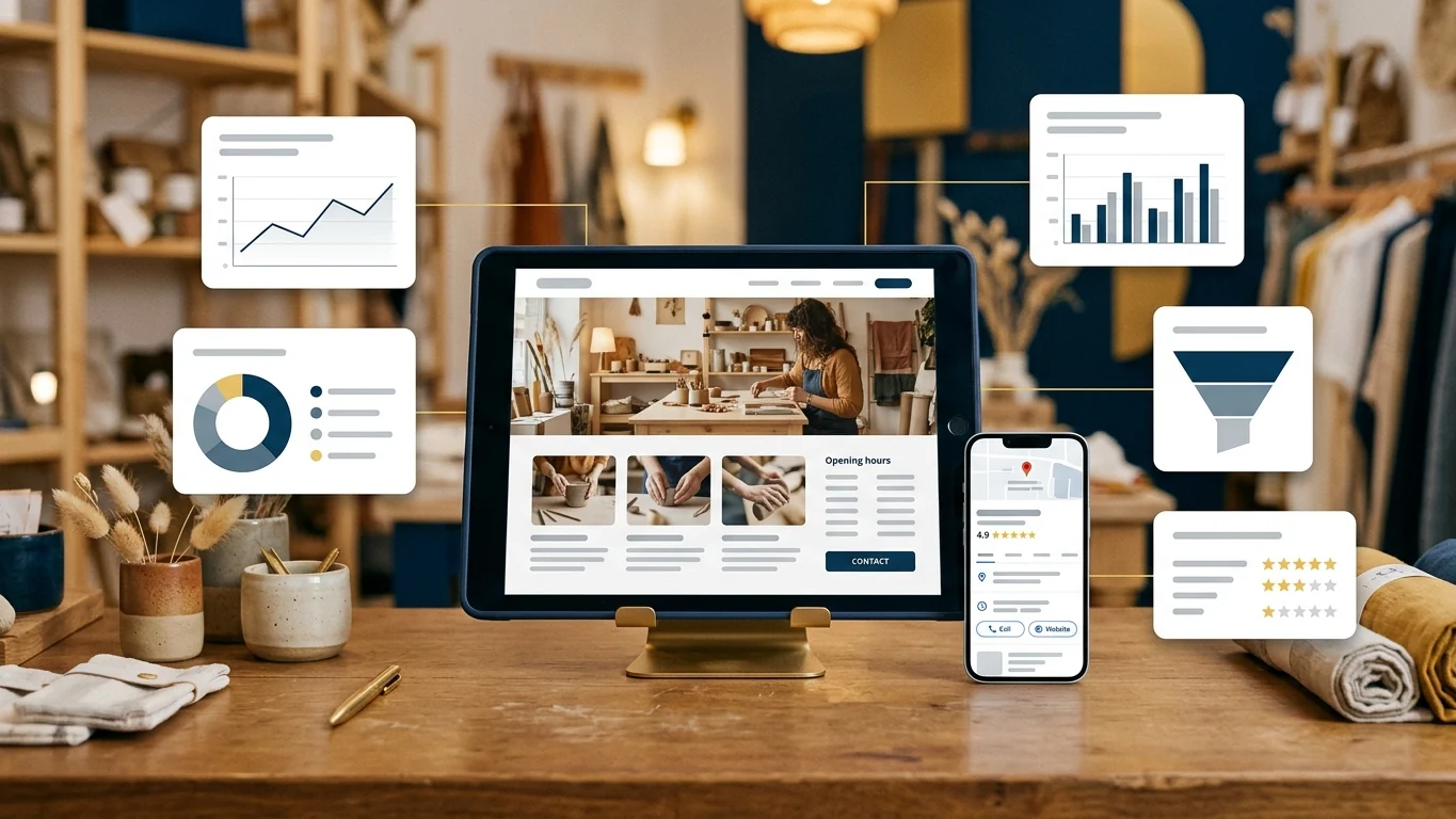 Small business website and local profile shown on a tablet and phone